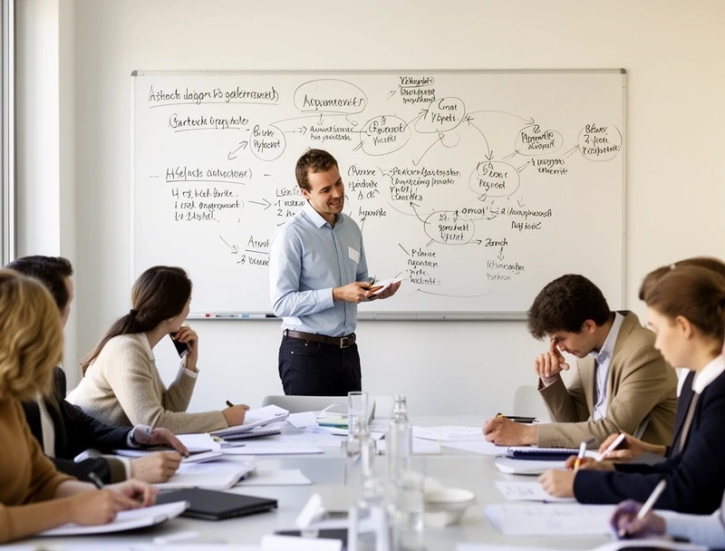 Trainer erklärt Argumentationsstruktur an Whiteboard